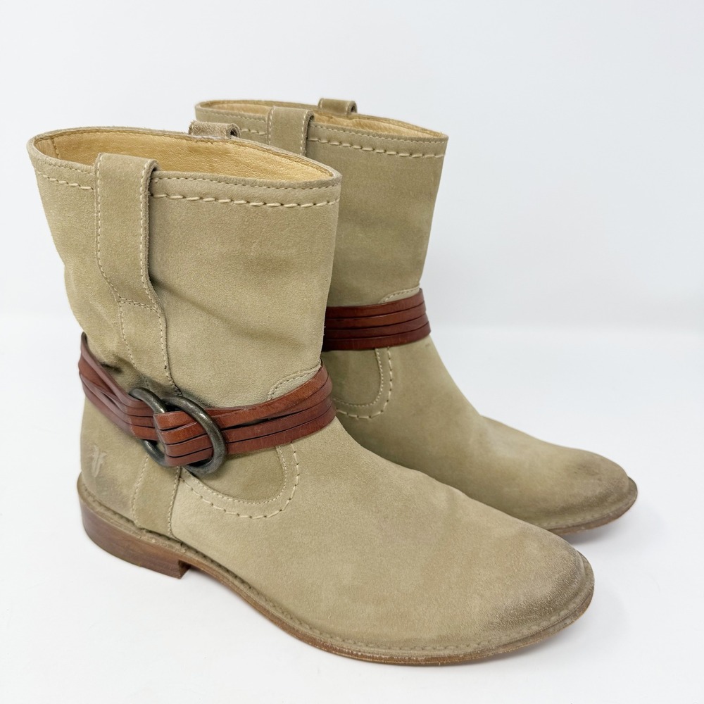 Frye Harness Suede Short Ankle Boots Beige‎ Tan Leather Straps 7.5 - Picture 2 of 14
